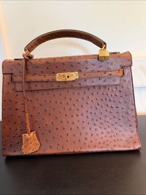 Classic Brown Ostrich-Texture Top Handle Bag